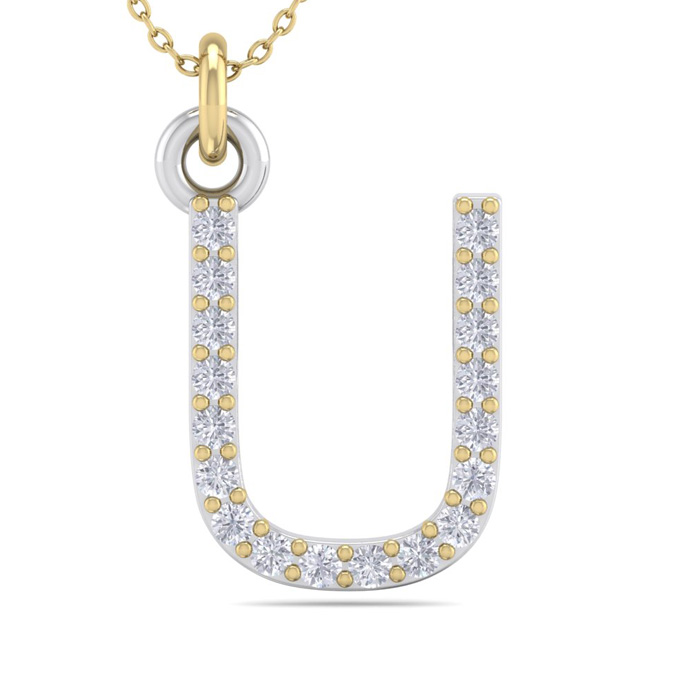 Letter U Diamond Initial Necklace In 14K Yellow Gold (2.50 G) W/ 18 Diamonds, H/I, 18 Inch Chain By SuperJeweler