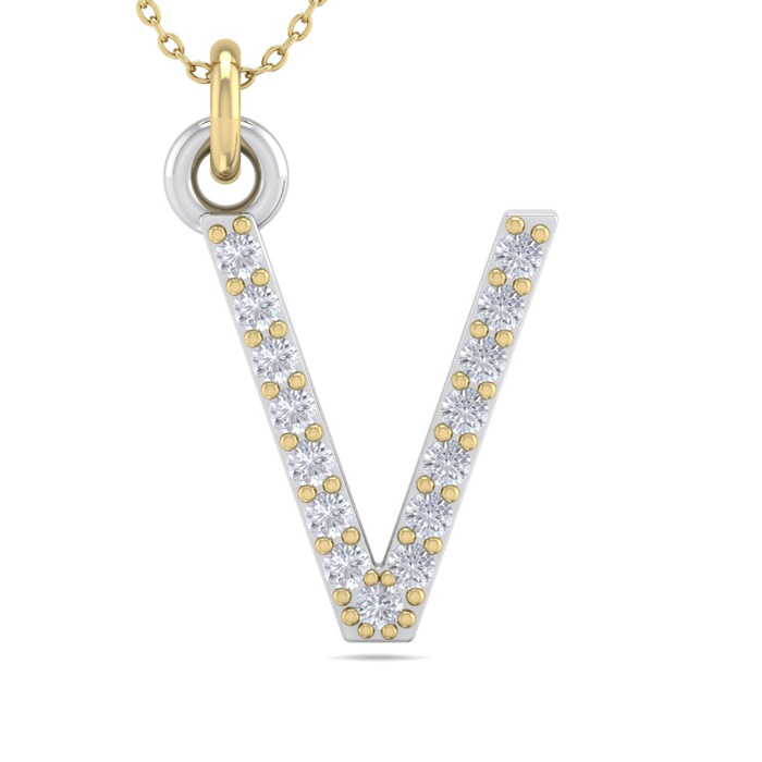 Letter V Diamond Initial Necklace In 14K Yellow Gold (2.50 G) W/ 15 Diamonds, H/I, 18 Inch Chain By SuperJeweler