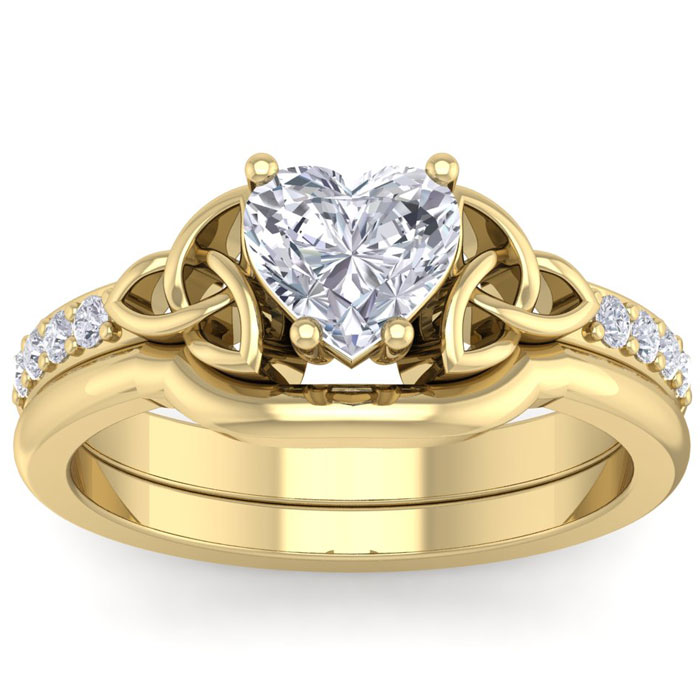 1 Carat Heart Shape Diamond Claddagh Bridal Ring Set in 14K Yellow Gold (6.30 g) (
