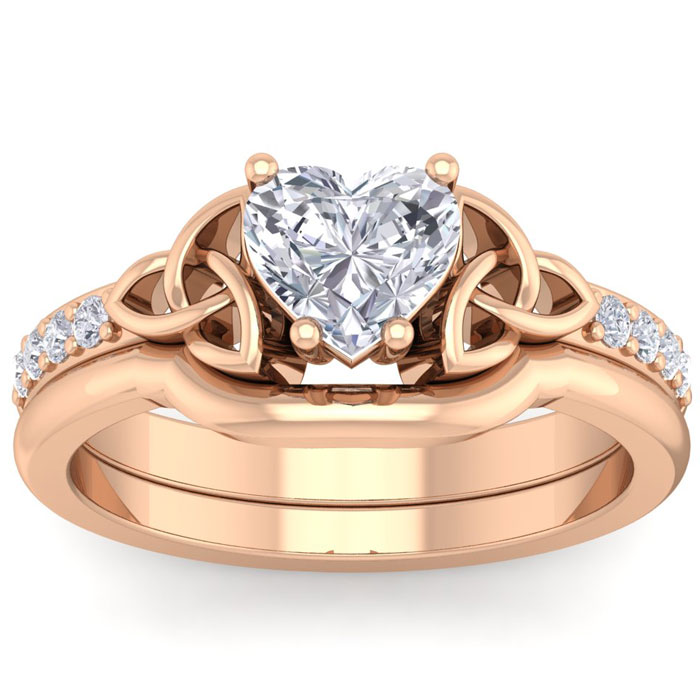 1 Carat Heart Shape Diamond Claddagh Bridal Ring Set in 14K Rose Gold (6.30 g) (, SI2-I1), Size 4 by SuperJeweler