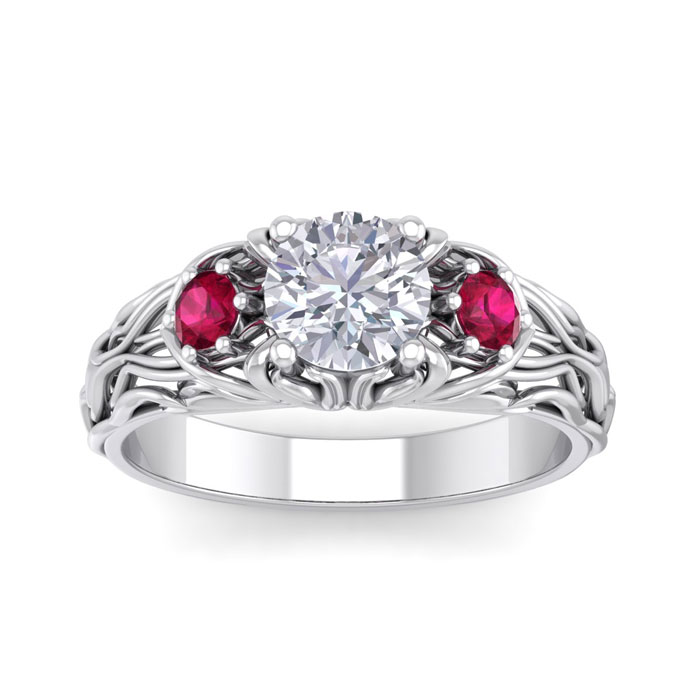 1.25 Carat Round Shape Diamond & Ruby Vine Engagement Ring in 14K White Gold (4 g) (  SI2-I1)  Size 8.5 by SuperJeweler