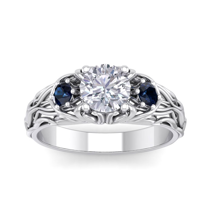 1.25 Carat Round Shape Diamond & Sapphire Vine Engagement Ring in 14K White Gold (4 g) (  SI2-I1)  Size 9 by SuperJeweler