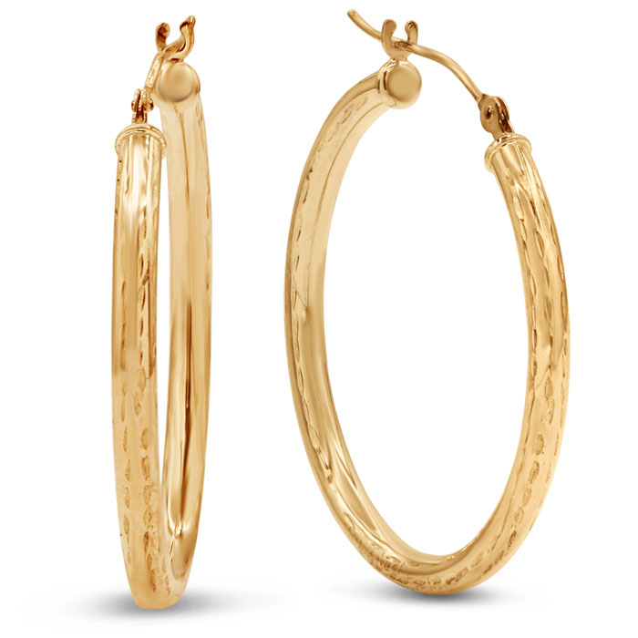 Yellow Gold (1 gram) Polish Finished Diamond Cut 28mm Hoop Earrings w/ Hinge w/ Notched Closure by SuperJeweler