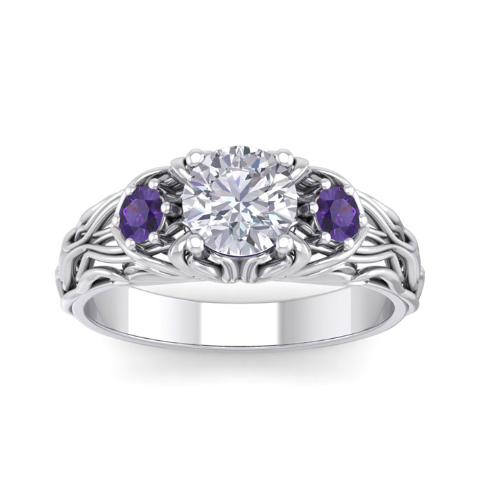 1.25 Carat Round Shape Diamond & Amethyst Vine Engagement Ring in 14K White Gold (4 g) (  SI2-I1)  Size 7.5 by SuperJeweler