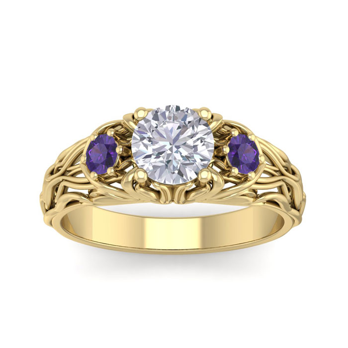 1.25 Carat Round Shape Diamond & Amethyst Vine Engagement Ring in 14K Yellow Gold (4 g) (  SI2-I1)  Size 8.5 by SuperJeweler