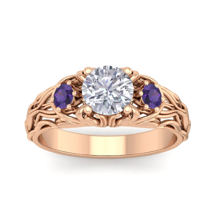 1.25 Carat Round Shape Diamond & Amethyst Vine Engagement Ring in 14K Rose Gold (4 g) (, SI2-I1), Size 4 by SuperJeweler