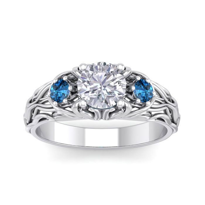 1.25 Carat Round Shape Diamond & Blue Diamond Vine Engagement Ring in 14K White Gold (4 g) (, SI2-I1), Size 4 by SuperJeweler