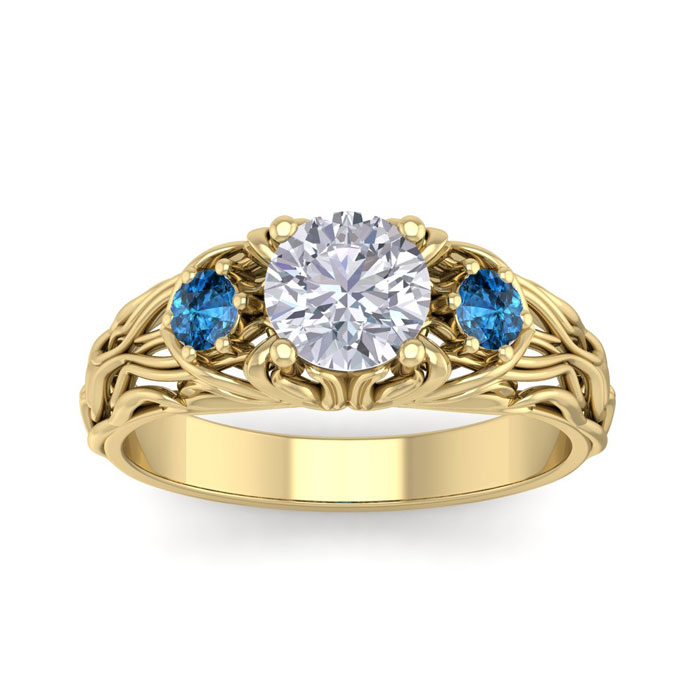 1.25 Carat Round Shape Diamond & Blue Diamond Vine Engagement Ring in 14K Yellow Gold (4 g) (, SI2-I1), Size 4 by SuperJeweler