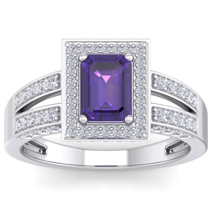 1.5 Carat Amethyst & Halo 74 Diamond Ring in 14K White Gold (5.60 g), , Size 4 by SuperJeweler