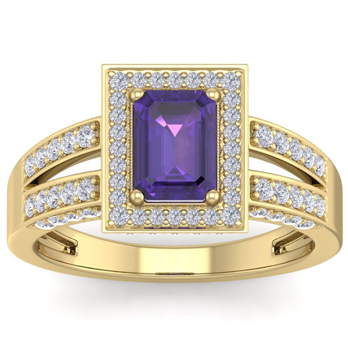 1.5 Carat Amethyst & Halo 74 Diamond Ring in 14K Yellow Gold (5.60 g), , Size 4 by SuperJeweler