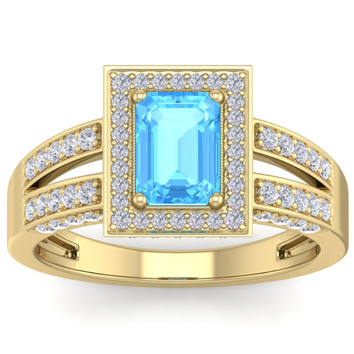 1 3/4 Carat Blue Topaz & Halo 74 Diamond Ring in 14K Yellow Gold (5.60 g), , Size 4 by SuperJeweler