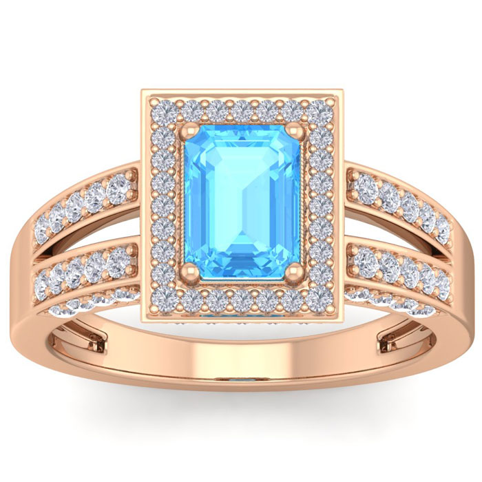 1 3/4 Carat Blue Topaz & Halo 74 Diamond Ring in 14K Rose Gold (5.60 g), , Size 4 by SuperJeweler