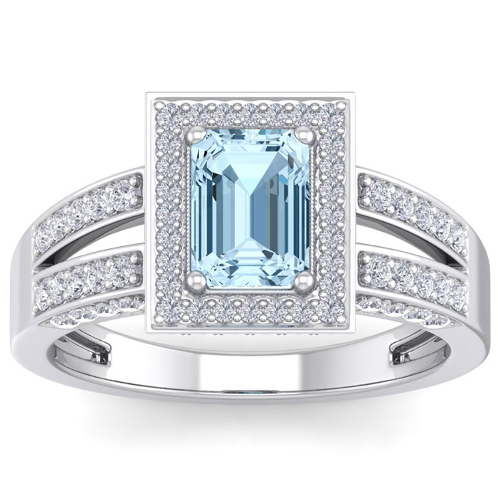 1.5 Carat Aquamarine & Halo 74 Diamond Ring in 14K White Gold (5.60 g), , Size 4 by SuperJeweler