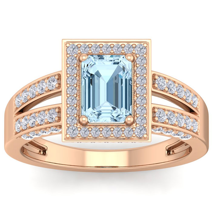 1.5 Carat Aquamarine & Halo 74 Diamond Ring in 14K Rose Gold (5.60 g), , Size 4 by SuperJeweler