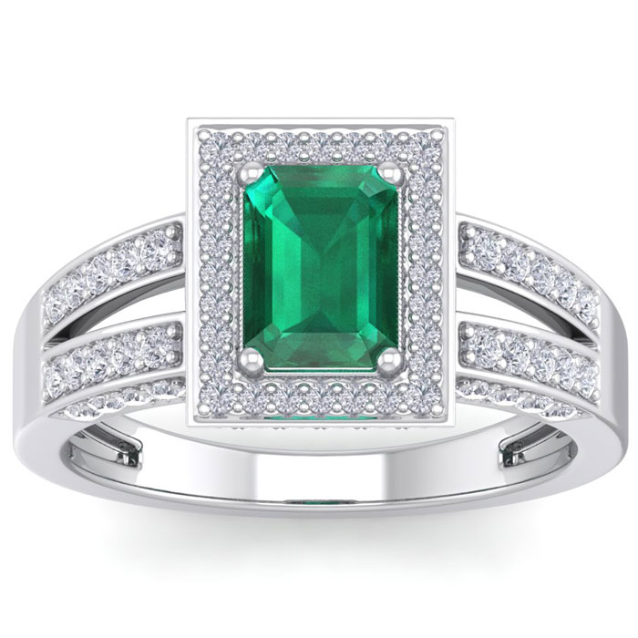 1.5 Carat Emerald Cut & Halo 74 Diamond Ring in 14K White Gold (5.60 g), , Size 4 by SuperJeweler