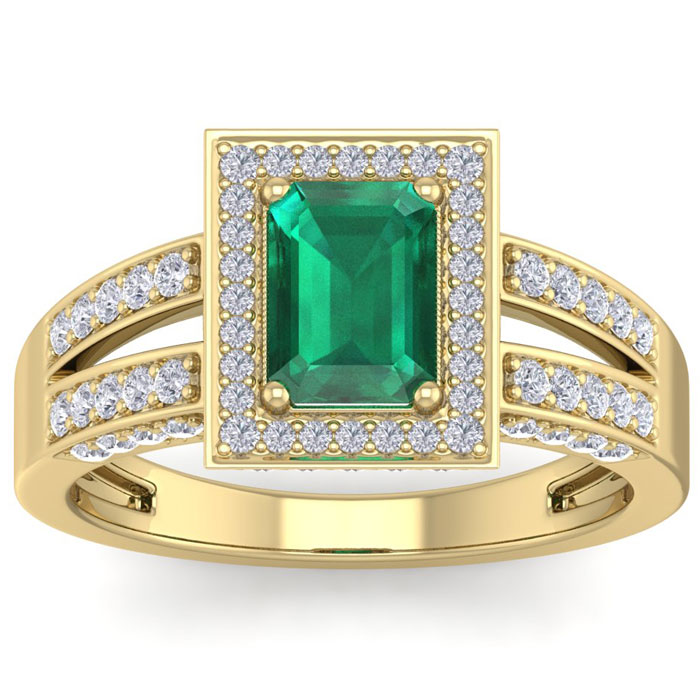 1.5 Carat Emerald Cut & Halo 74 Diamond Ring in 14K Yellow Gold (5.60 g), , Size 4 by SuperJeweler