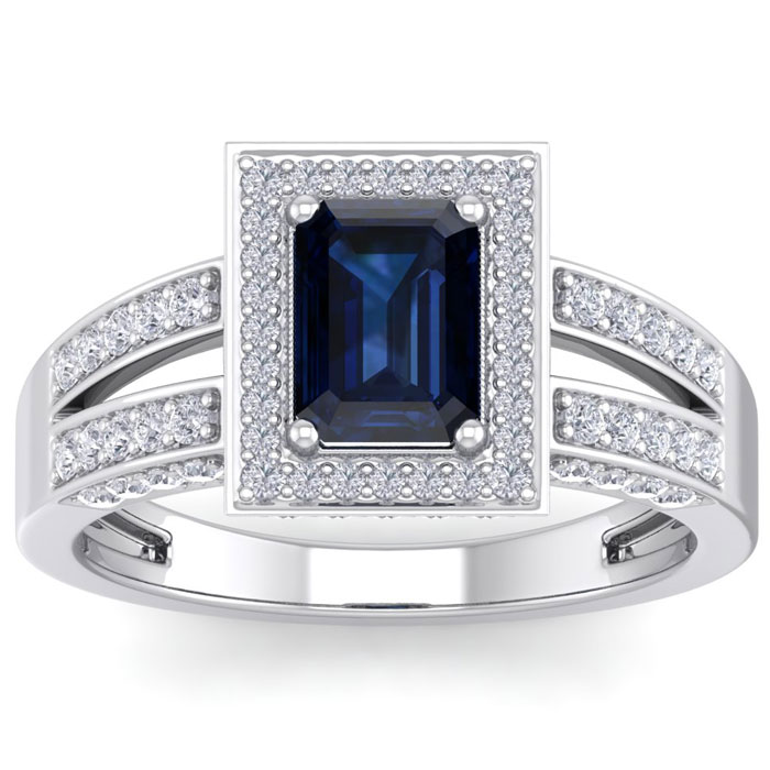 1 3/4 Carat Sapphire & Halo 74 Diamond Ring in 14K White Gold (5.60 g), , Size 4 by SuperJeweler