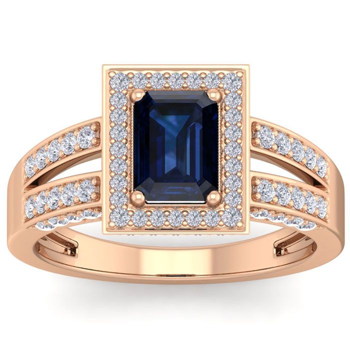 1 3/4 Carat Sapphire & Halo 74 Diamond Ring In 14K Rose Gold (5.60 G), I-J, Size 4 By SuperJeweler