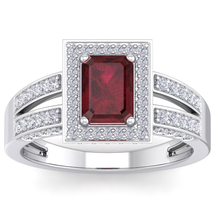 1.5 Carat Ruby & Halo 74 Diamond Ring In 14K White Gold (5.60 G), I-J, Size 4 By SuperJeweler