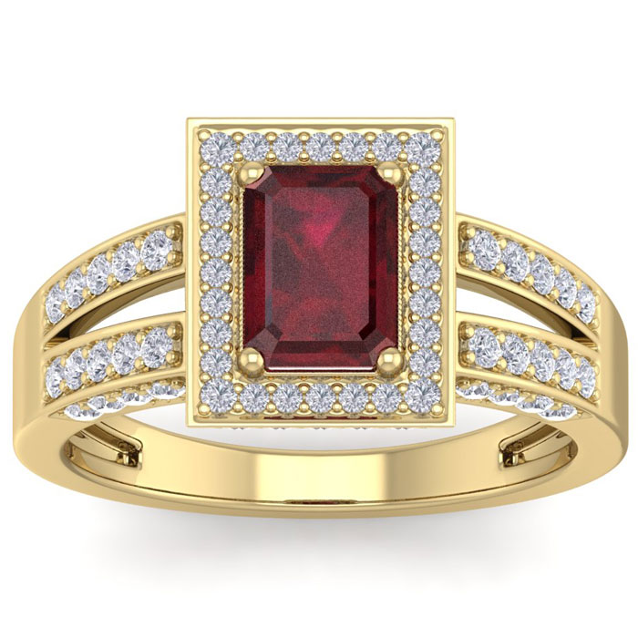 1.5 Carat Ruby & Halo 74 Diamond Ring In 14K Yellow Gold (5.60 G), I-J, Size 4 By SuperJeweler