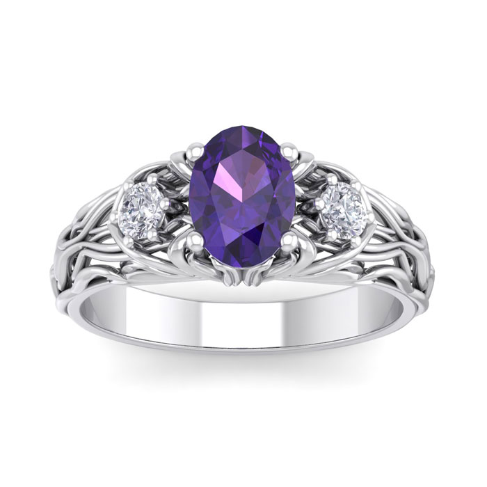 1 Carat Oval Shape Amethyst & Diamond Intricate Vine Engagement Ring in 14K White Gold (5.50 g), , Size 4 by SuperJeweler