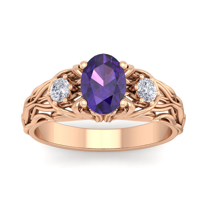 1 Carat Oval Shape Amethyst & Diamond Intricate Vine Engagement Ring in 14K Rose Gold (5.50 g), , Size 4 by SuperJeweler