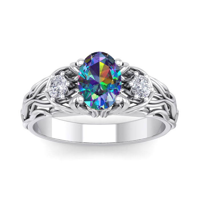 1 Carat Oval Shape Mystic Topaz & Diamond Intricate Vine Engagement Ring in 14K White Gold (5.50 g), , Size 4 by SuperJeweler