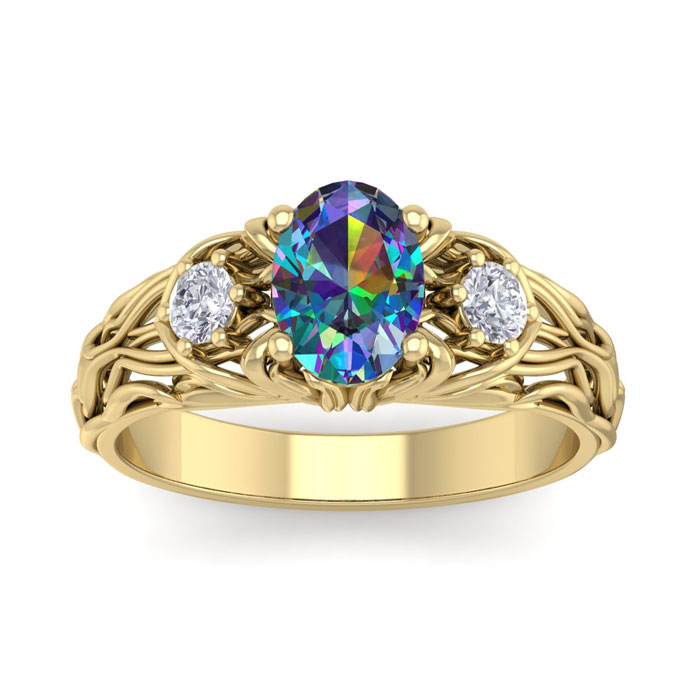 1 Carat Oval Shape Mystic Topaz & Diamond Intricate Vine Engagement Ring in 14K Yellow Gold (5.50 g), , Size 4 by SuperJeweler