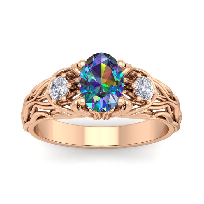 1 Carat Oval Shape Mystic Topaz & Diamond Intricate Vine Engagement Ring in 14K Rose Gold (5.50 g), , Size 4 by SuperJeweler