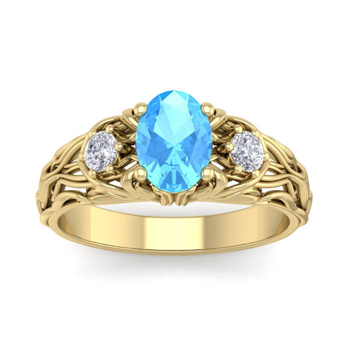 1.25 Carat Oval Shape Blue Topaz & Diamond Intricate Vine Engagement Ring in 14K Yellow Gold (5.50 g), , Size 4 by SuperJeweler