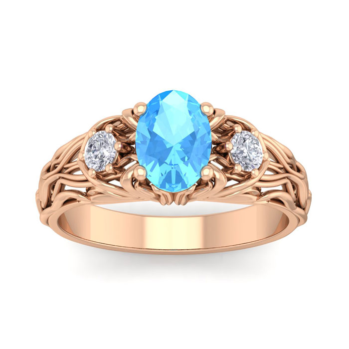 1.25 Carat Oval Shape Blue Topaz & Diamond Intricate Vine Engagement Ring in 14K Rose Gold (5.50 g), , Size 4 by SuperJeweler