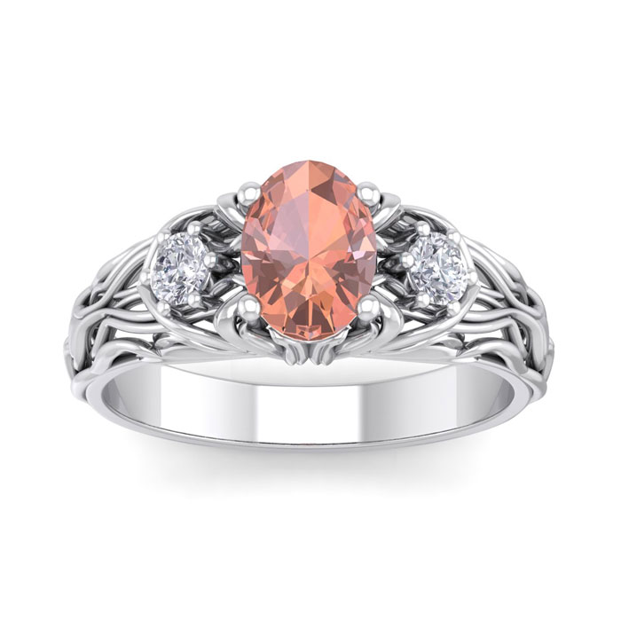1 Carat Oval Shape Morganite & Diamond Intricate Vine Engagement Ring in 14K White Gold (5.50 g), , Size 4 by SuperJeweler