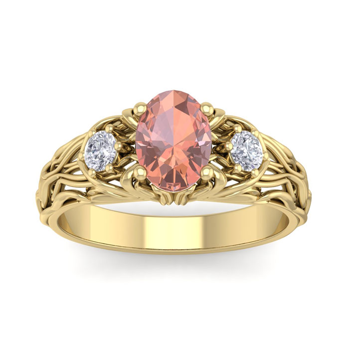 1 Carat Oval Shape Morganite & Diamond Intricate Vine Engagement Ring in 14K Yellow Gold (5.50 g), , Size 4 by SuperJeweler