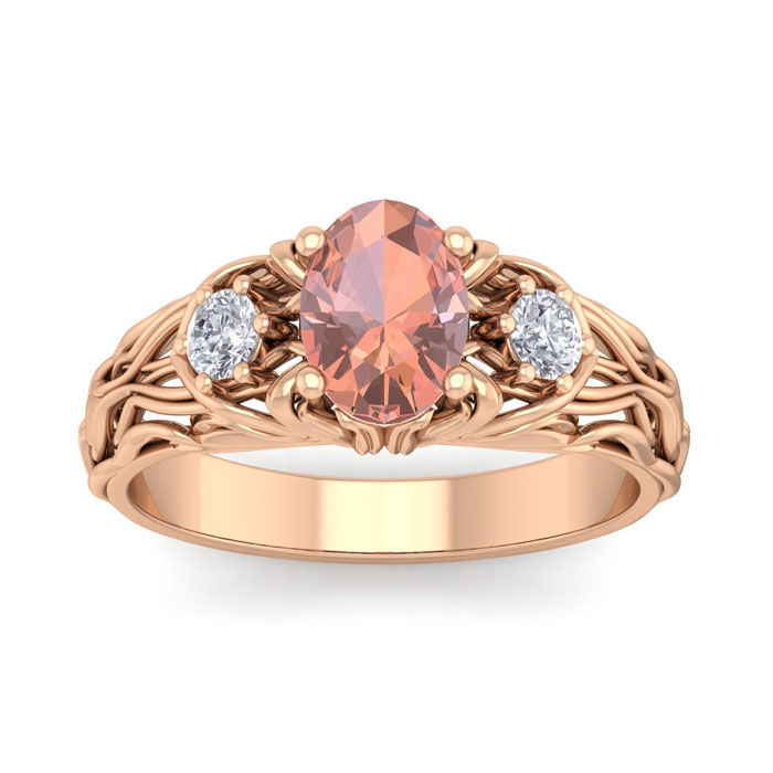1 Carat Oval Shape Morganite & Diamond Intricate Vine Engagement Ring in 14K Rose Gold (5.50 g), , Size 4 by SuperJeweler