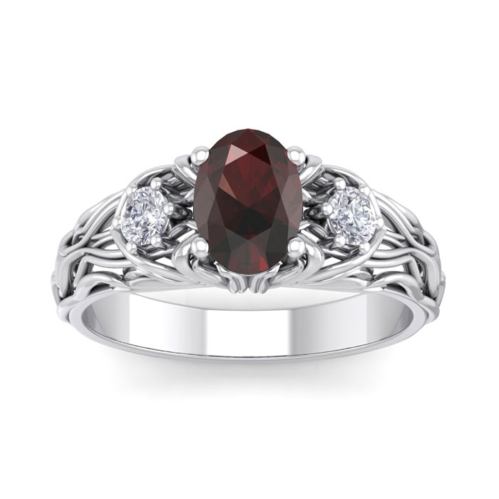 1.25 Carat Oval Shape Garnet & Diamond Intricate Vine Engagement Ring in 14K White Gold (5.50 g), , Size 4 by SuperJeweler