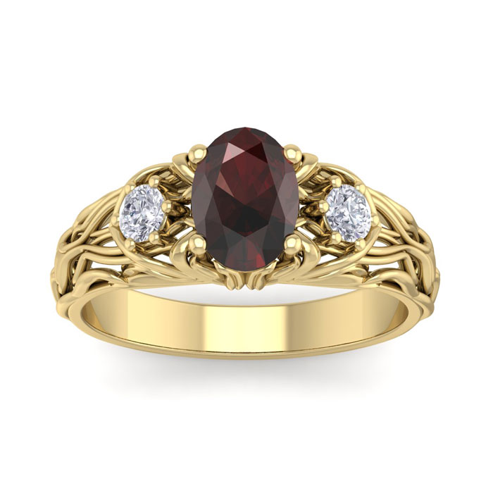 1.25 Carat Oval Shape Garnet & Diamond Intricate Vine Engagement Ring in 14K Yellow Gold (5.50 g), , Size 4 by SuperJeweler