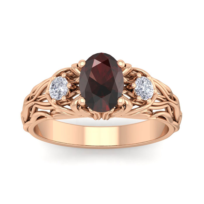 1.25 Carat Oval Shape Garnet & Diamond Intricate Vine Engagement Ring in 14K Rose Gold (5.50 g), , Size 4 by SuperJeweler
