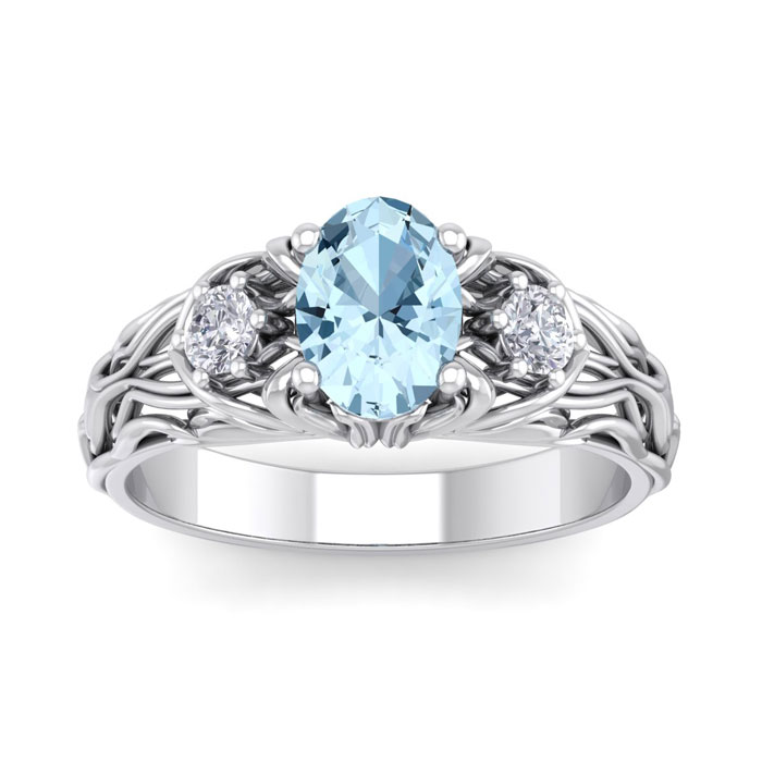 1 Carat Oval Shape Aquamarine & Diamond Intricate Vine Engagement Ring in 14K White Gold (5.50 g), , Size 4 by SuperJeweler