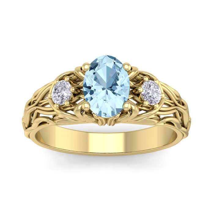 1 Carat Oval Shape Aquamarine & Diamond Intricate Vine Engagement Ring in 14K Yellow Gold (5.50 g), , Size 4 by SuperJeweler