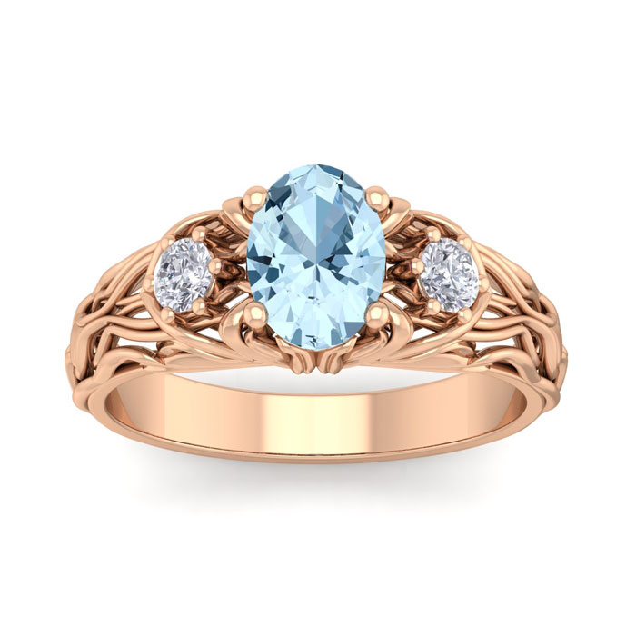 1 Carat Oval Shape Aquamarine & Diamond Intricate Vine Engagement Ring in 14K Rose Gold (5.50 g), , Size 4 by SuperJeweler