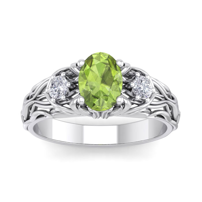 1 1/10 Carat Oval Shape Peridot & Diamond Intricate Vine Engagement Ring in 14K White Gold (5.50 g), , Size 4 by SuperJeweler