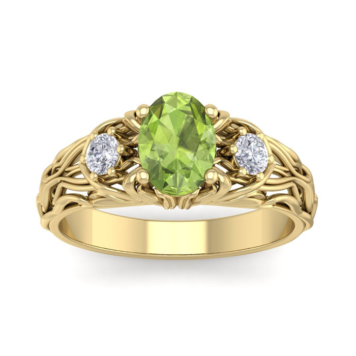 1 1/10 Carat Oval Shape Peridot & Diamond Intricate Vine Engagement Ring in 14K Yellow Gold (5.50 g), , Size 4 by SuperJeweler