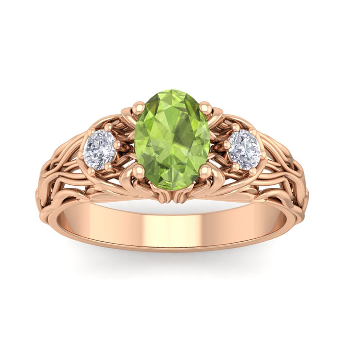 1 1/10 Carat Oval Shape Peridot & Diamond Intricate Vine Engagement Ring in 14K Rose Gold (5.50 g), , Size 4 by SuperJeweler