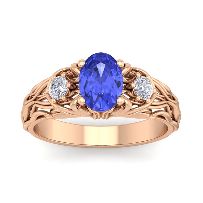 1 1/5 Carat Oval Shape Tanzanite & Diamond Intricate Vine Engagement Ring in 14K Rose Gold (5.50 g), , Size 4 by SuperJeweler