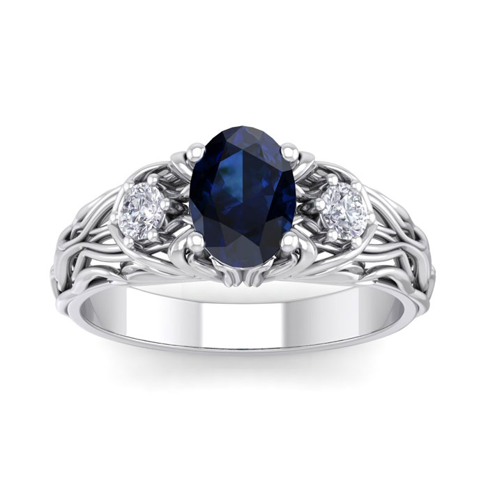 1.25 Carat Oval Shape Sapphire & Diamond Intricate Vine Engagement Ring in 14K White Gold (5.50 g), , Size 4 by SuperJeweler