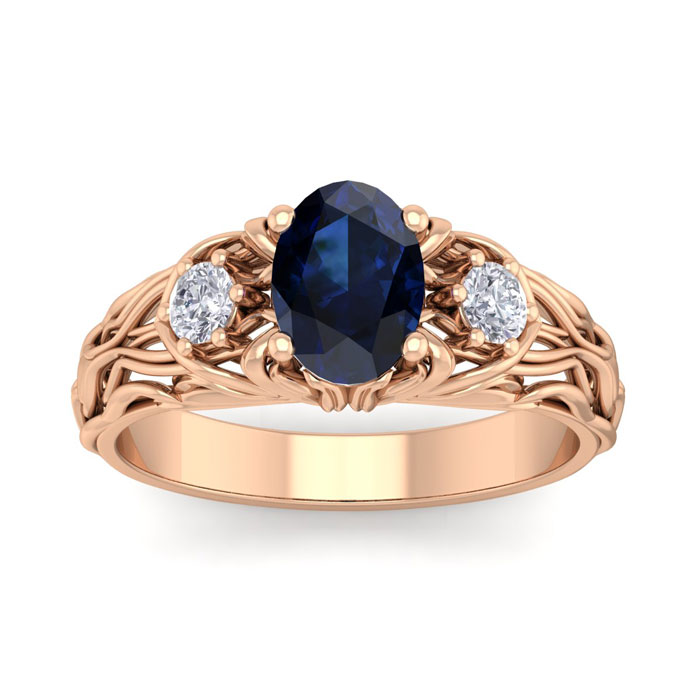 1.25 Carat Oval Shape Sapphire & Diamond Intricate Vine Engagement Ring in 14K Rose Gold (5.50 g), , Size 4 by SuperJeweler