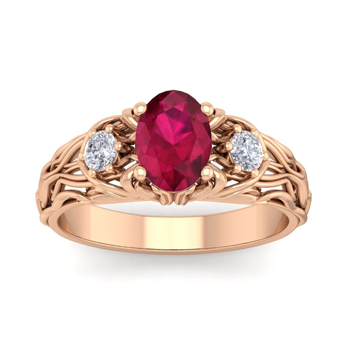 1 1/5 Carat Oval Shape Ruby & Diamond Intricate Vine Engagement Ring in 14K Rose Gold (5.50 g), , Size 4 by SuperJeweler