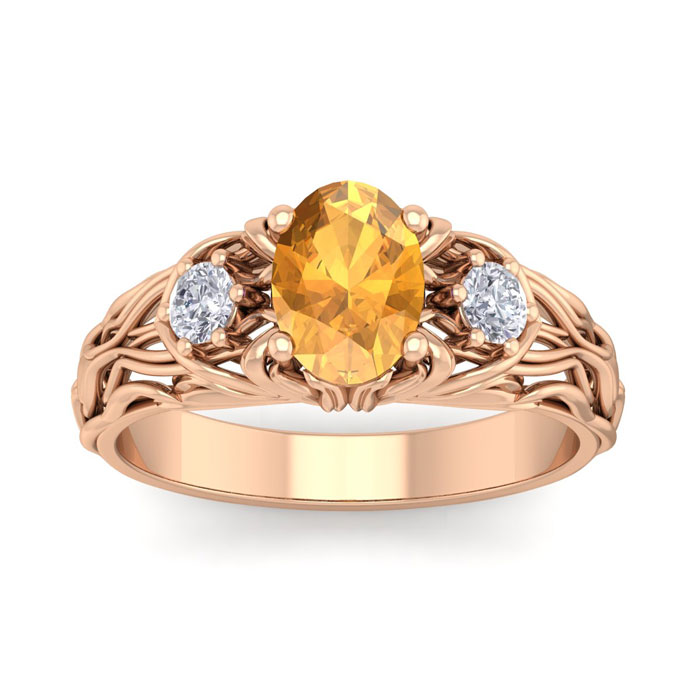 1 Carat Oval Shape Citrine & Diamond Intricate Vine Engagement Ring in 14K Rose Gold (5.50 g), , Size 4 by SuperJeweler