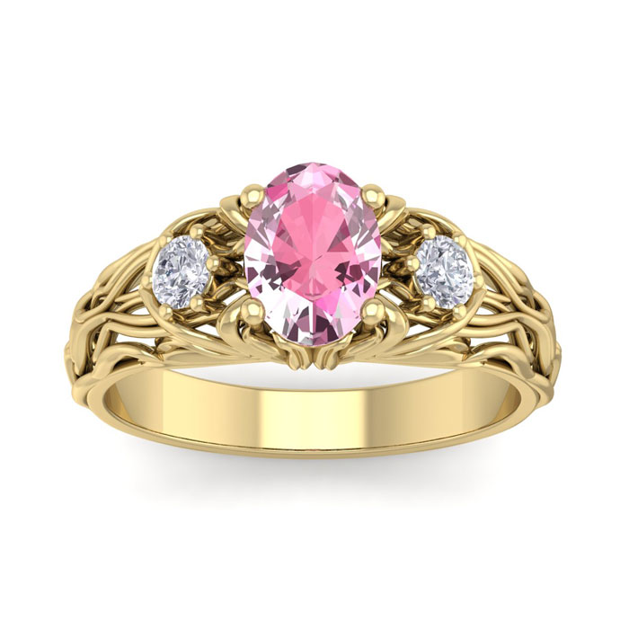 1 Carat Oval Shape Pink Topaz & Diamond Intricate Vine Engagement Ring in 14K Yellow Gold (5.50 g), , Size 4 by SuperJeweler