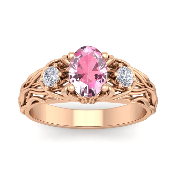 1 Carat Oval Shape Pink Topaz & Diamond Intricate Vine Engagement Ring in 14K Rose Gold (5.50 g), , Size 4 by SuperJeweler